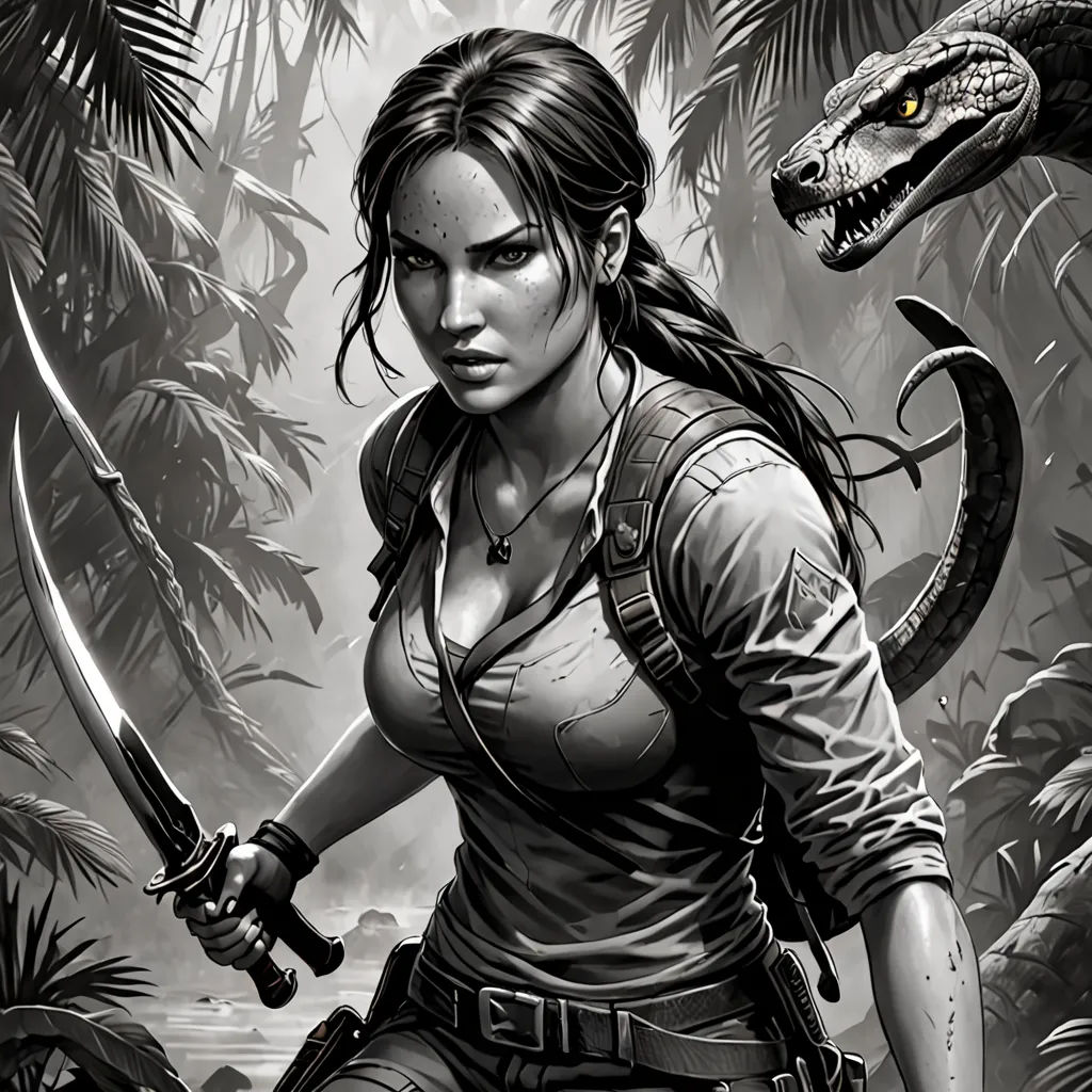 a woman holding a sword in a jungle with a snake on her shoulder and a snake on her shoulder, serial art, poster art, Aleksi Briclot, key art