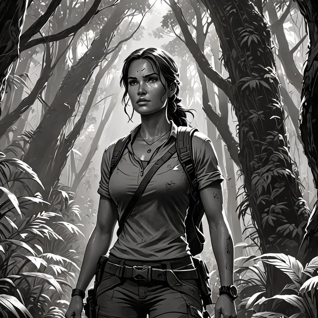 a woman in a forest with a backpack on her shoulder and a backpack on her shoulder, looking at the camera, serial art, concept art, Aleksi Briclot, key art