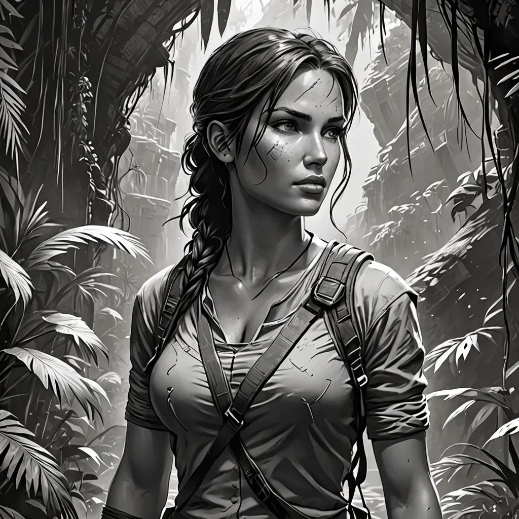 a woman in a jungle holding a gun and looking at something in the distance with a jungle background behind her, photorealism, poster art, Aleksi Briclot, stanley artgerm lau