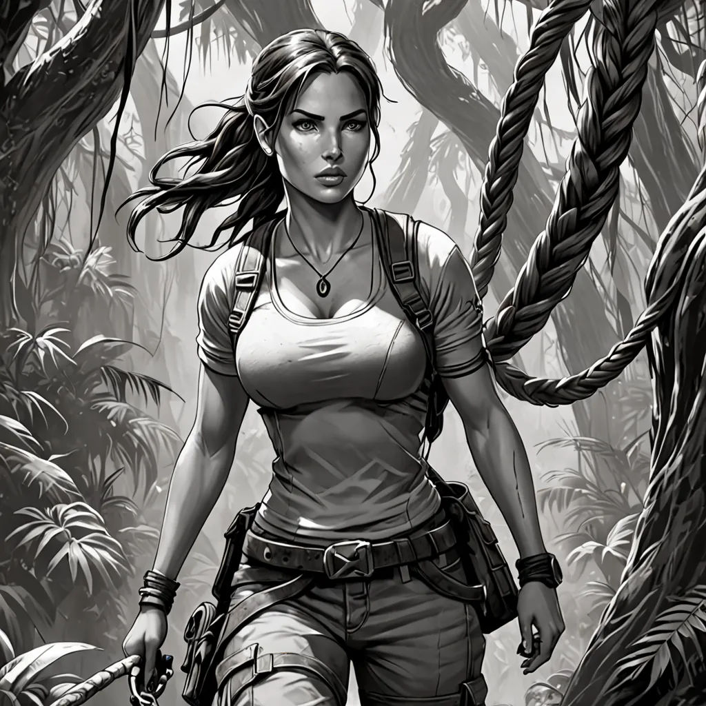a woman in a jungle holding a gun and a rope in her hand, with a jungle background and trees, fantasy art, a black and white photo, Aleksi Briclot, stanley artgerm lau