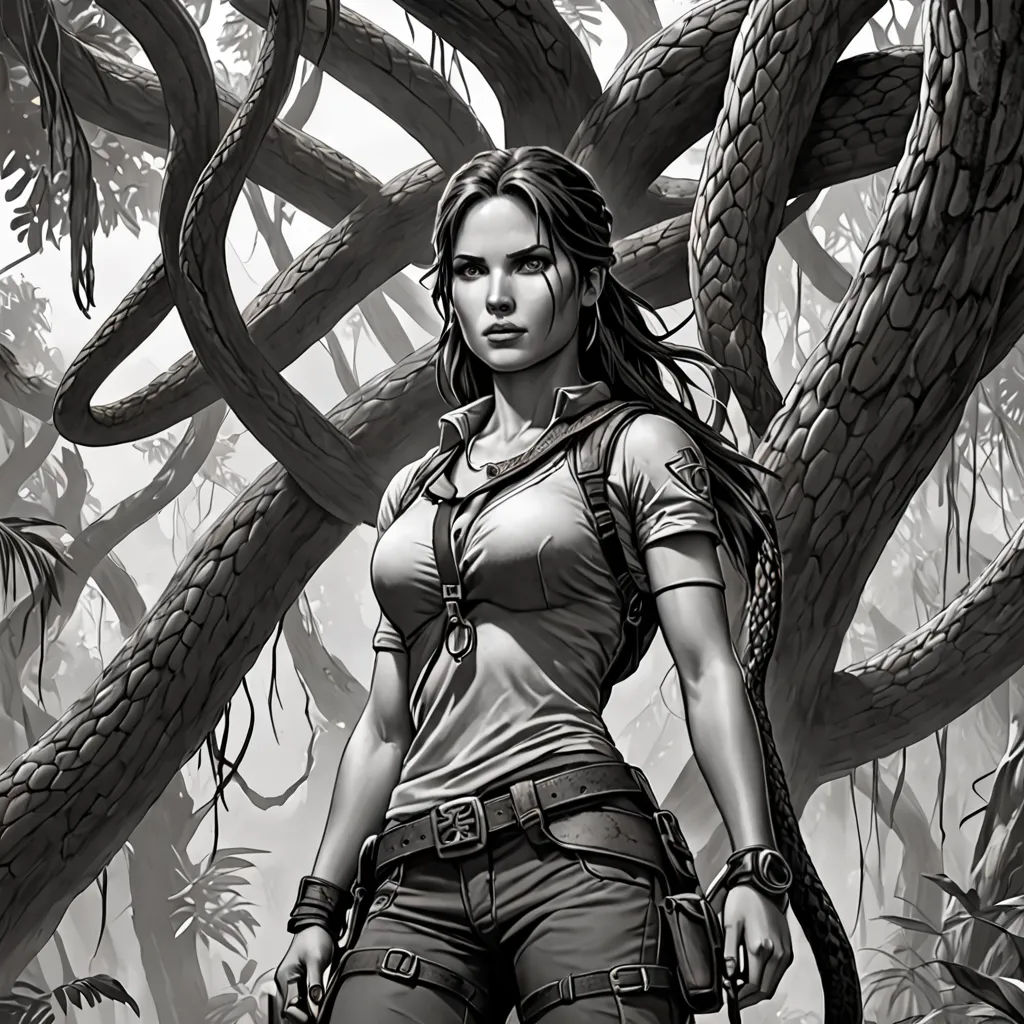 a woman in a jungle holding a gun and a snake in her hand, with a snake crawling on her shoulder, fantasy art, an ambient occlusion render, Aleksi Briclot, magic the gathering artwork