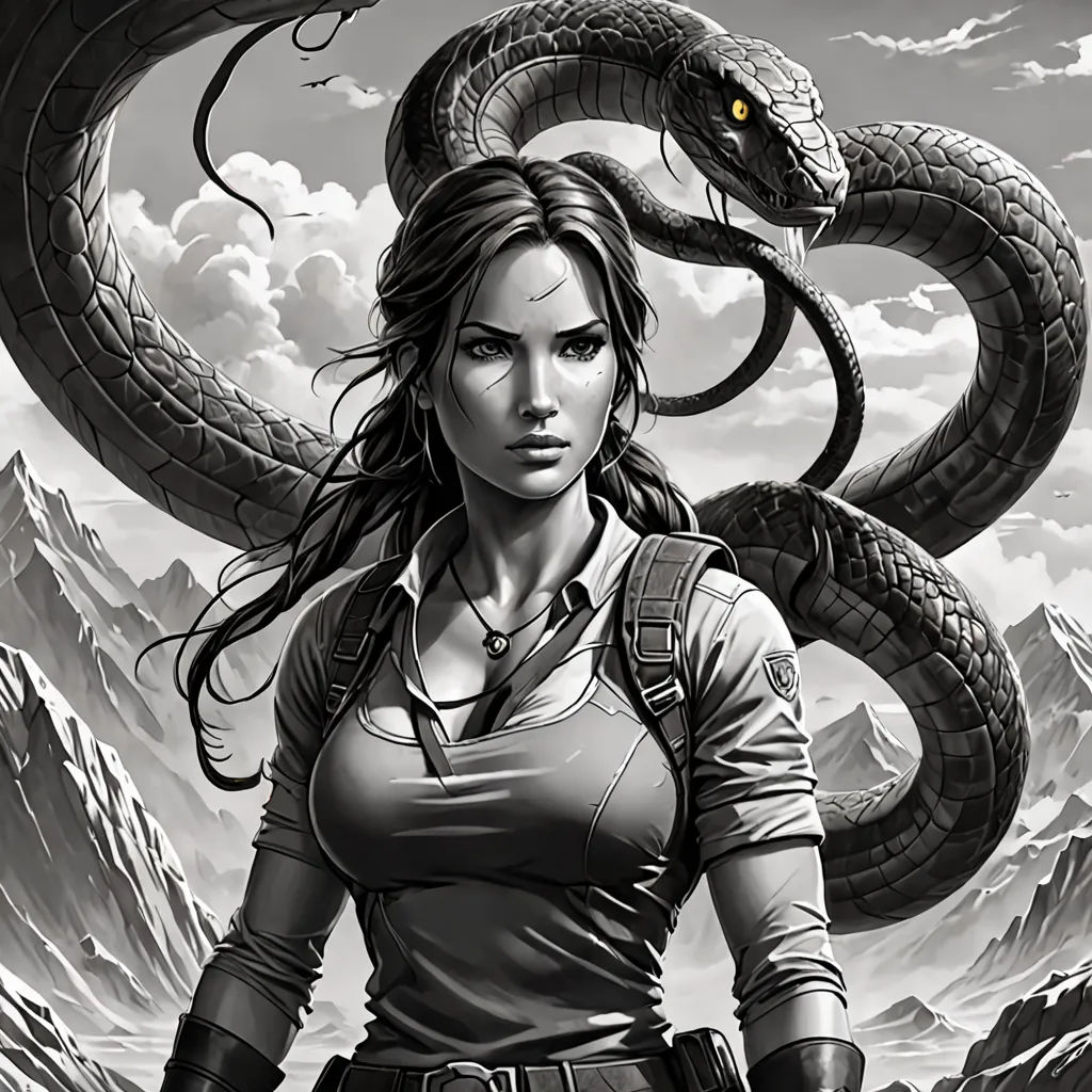 a woman holding a gun and a snake on her shoulder, in front of a mountain landscape with a snake on her shoulder, cobra, poster art, Aleksi Briclot, comic cover art