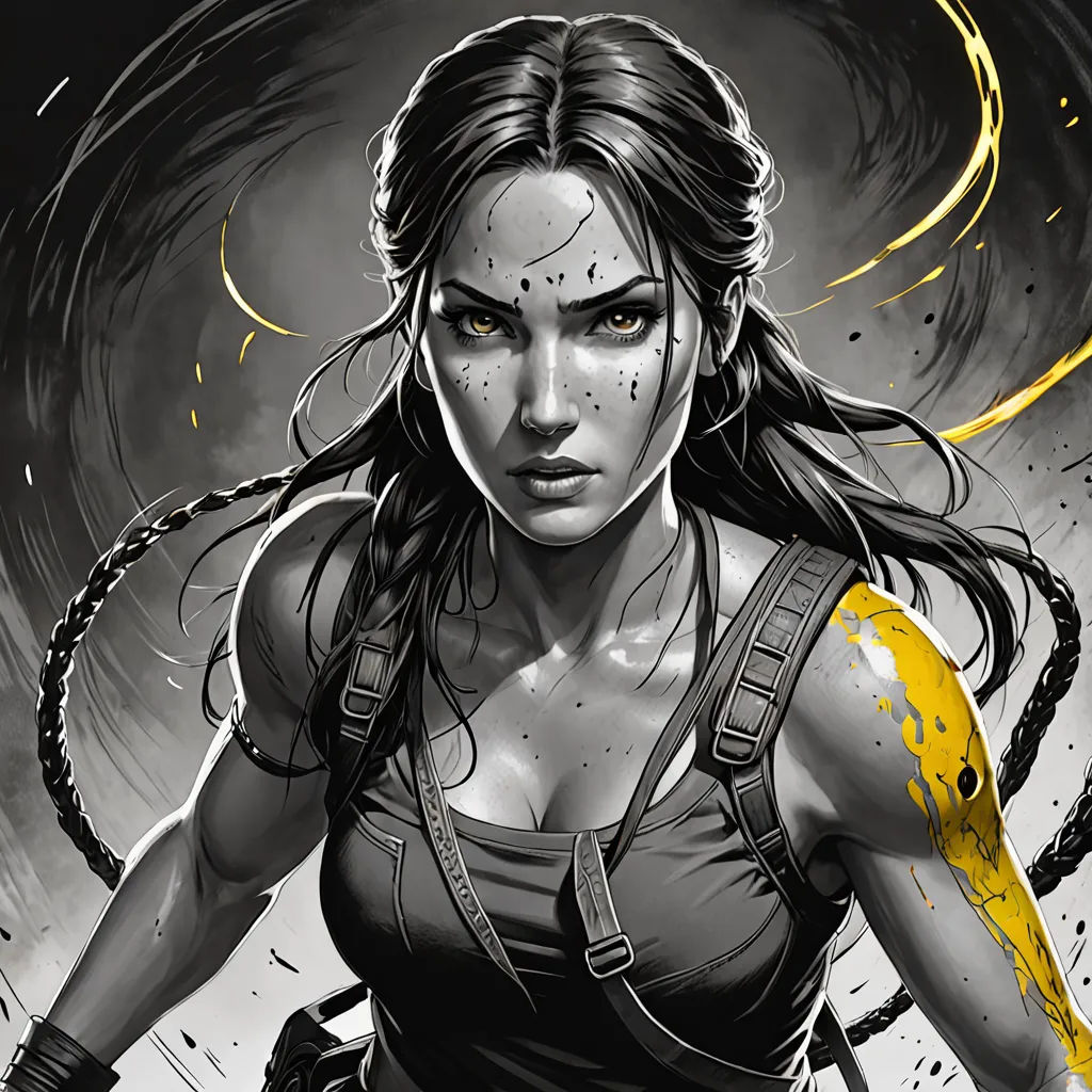 a woman with a gun and a yellow arm is in a black and white background with a yellow circle around her, sots art, poster art, Aleksi Briclot, stanley artgerm lau