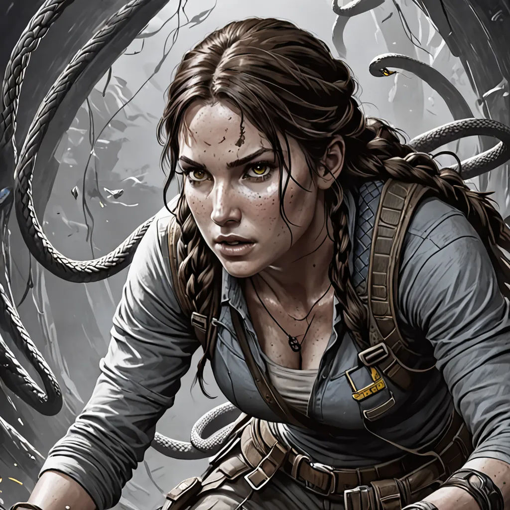 a woman with a gun in her hand and a snake in the background, in a scene from the video game the last of us, sots art, a detailed painting, Aleksi Briclot, key art