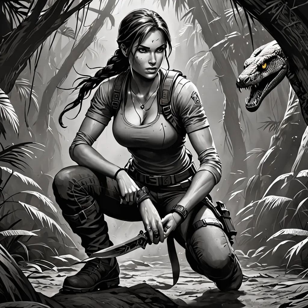 a woman kneeling down in a jungle with a knife in her hand and a dinosaur in the background, with a woman holding a knife in her hand, sots art, concept art, Aleksi Briclot, key art