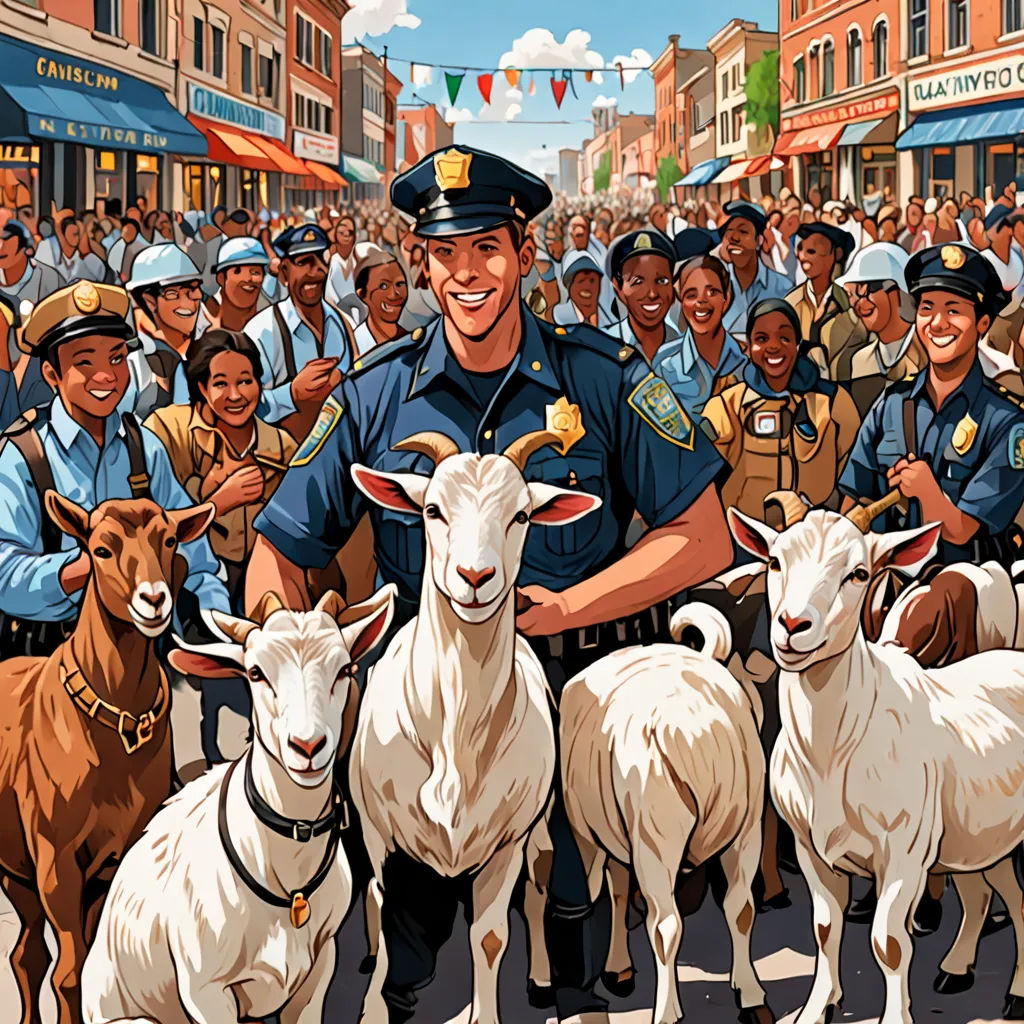 a police officer standing in front of a group of sheep in a city street with a crowd of people, american realism, a storybook illustration, Chris LaBrooy, storybook illustration