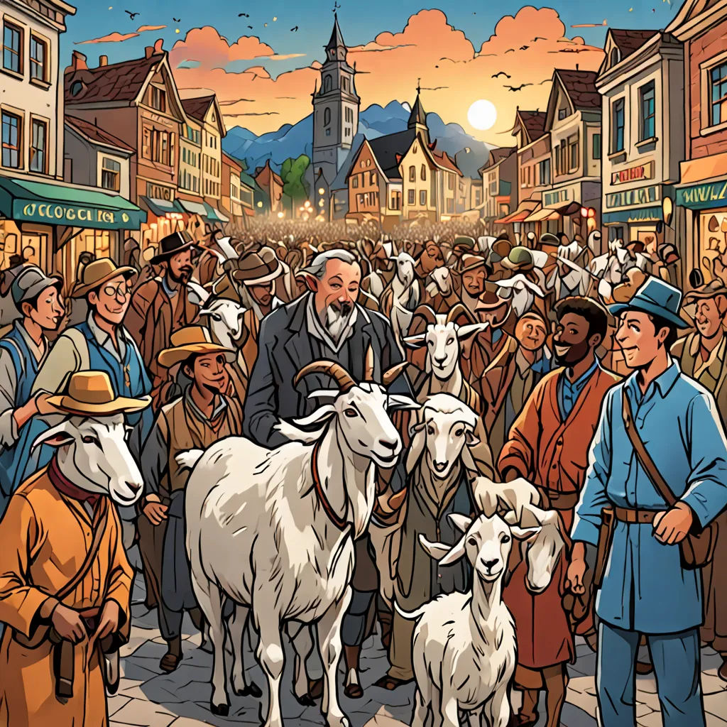 a painting of a crowd of people and goats in a town square with a man standing in front of a crowd, synthetism, a storybook illustration, David Teniers III, comic cover art