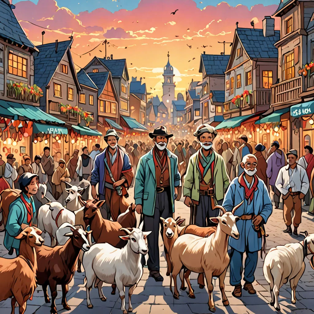 a painting of a man leading a herd of goats down a street in a town with a clock tower, synthetism, a storybook illustration, Brothers Hildebrandt, kinkade