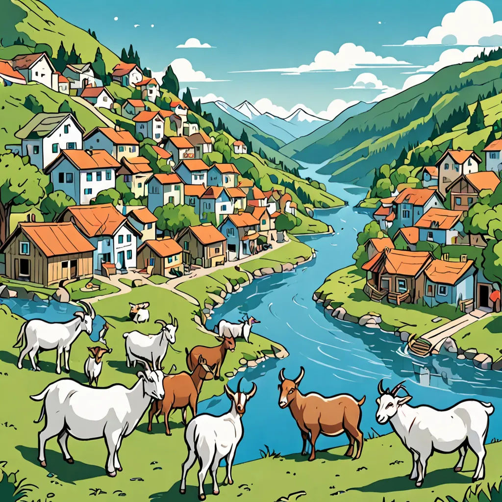 a painting of a village with a river and a herd of animals in front of it and a town in the background, regionalism, a storybook illustration, Asaf Hanuka, josan gonzales and dan mumford