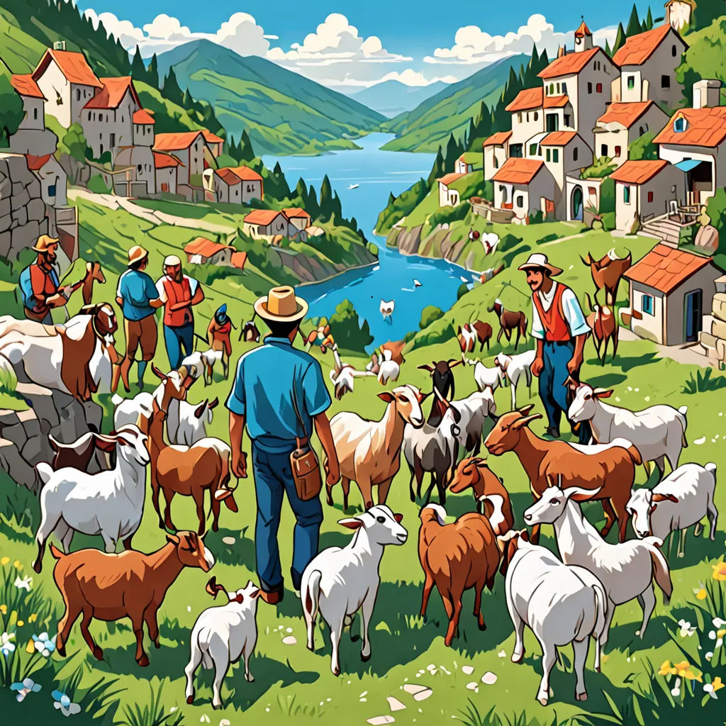 a painting of a man herding cattle in a field with a lake in the background and a village in the background, synthetism, a storybook illustration, Asaf Hanuka, detailed illustration