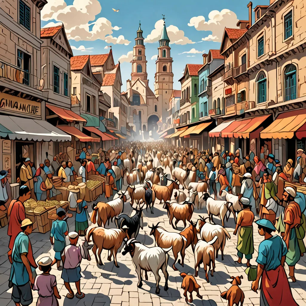 a painting of a crowd of people walking down a street with animals in front of a church and a clock tower, magical realism, a comic book panel, Asaf Hanuka, comic cover art