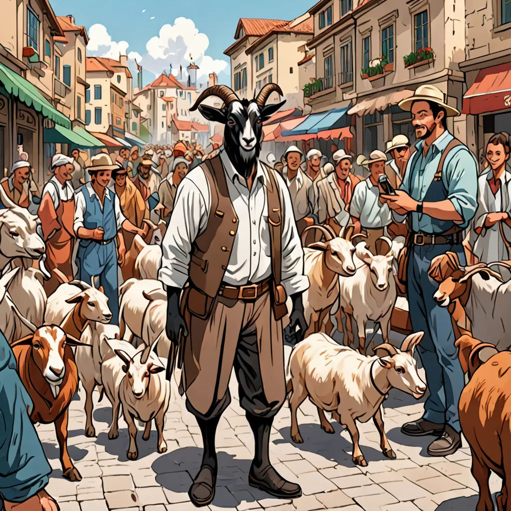 a man standing in front of a herd of sheep in a town square with other men and goats in the background, synthetism, a storybook illustration, Asaf Hanuka, western comic book art