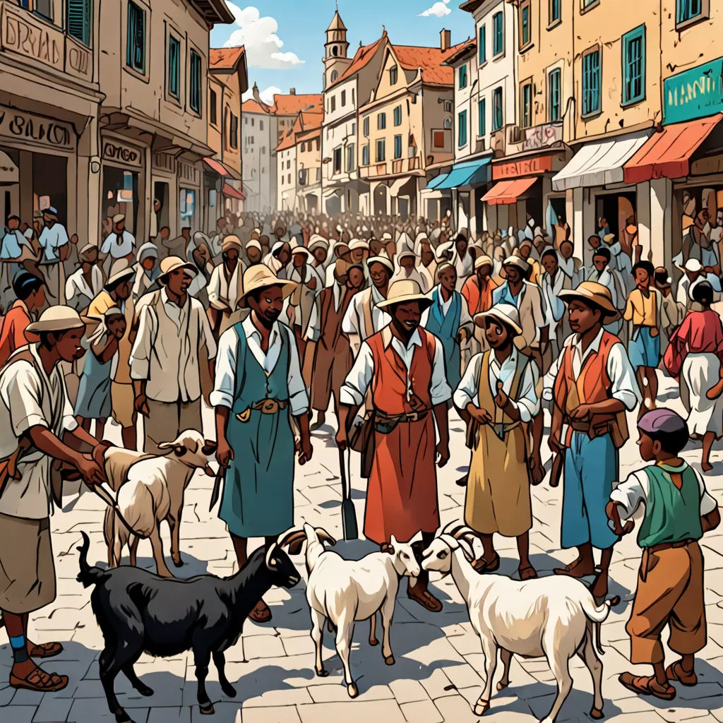 a painting of a crowd of people and animals in a town square with buildings and people walking around the area, les nabis, a storybook illustration, Asaf Hanuka, comic cover art