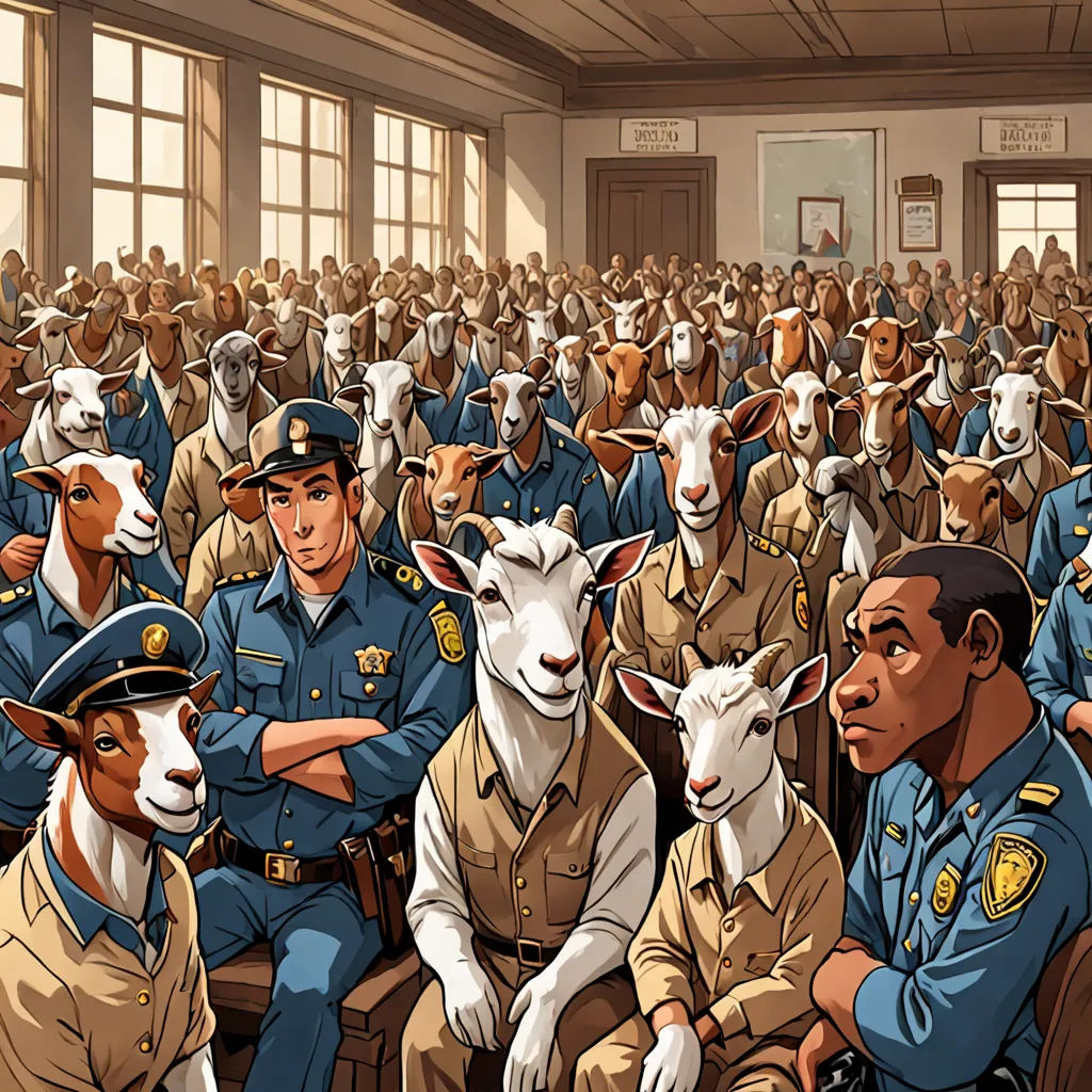 a painting of a group of police officers surrounded by sheep and sheepdogs in a large room full of people, institutional critique, concept art, Chris LaBrooy, furaffinity