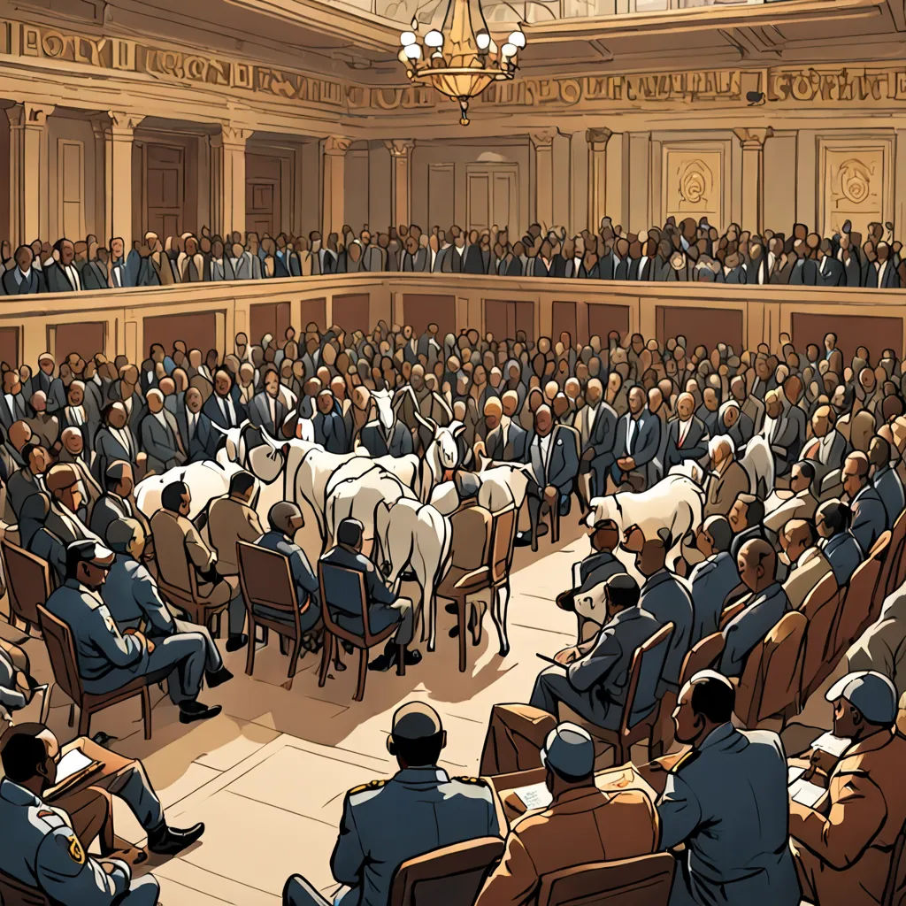 a courtroom full of people sitting in chairs and a speaker standing in front of them with a microphone in his hand, serial art, a comic book panel, Asaf Hanuka, graphic novel