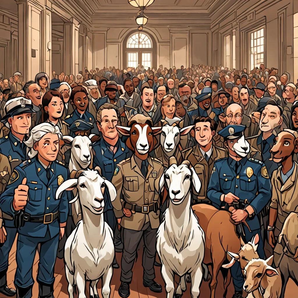 a crowd of people standing around a bunch of goats and sheep in a building with a police officer in the middle, context art, a storybook illustration, Asaf Hanuka, official art