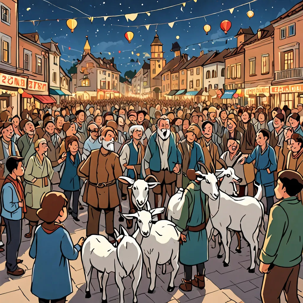 a crowd of people standing around a group of goats in a town square at night time with a crowd of people standing around, magical realism, a storybook illustration, Asaf Hanuka, storybook illustration