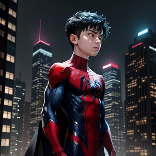 a man in a spider suit standing in front of a city at night with skyscrapers in the background