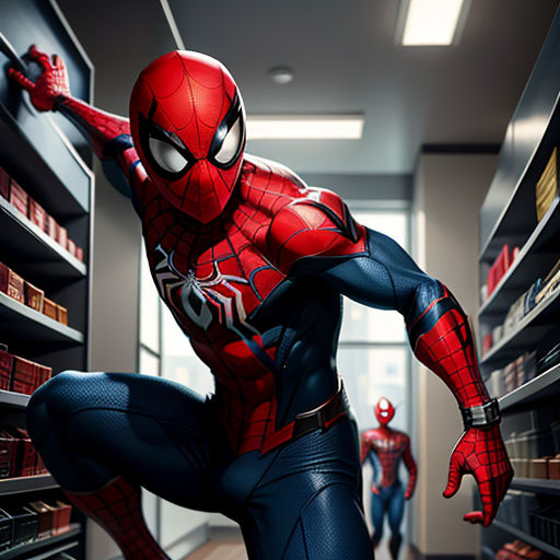 a spider man in a library with a red and blue suit on and a black and white suit on