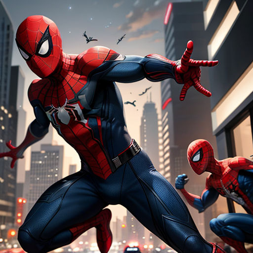a spider man in a city with other spider man in the background, and a cityscape in the foreground