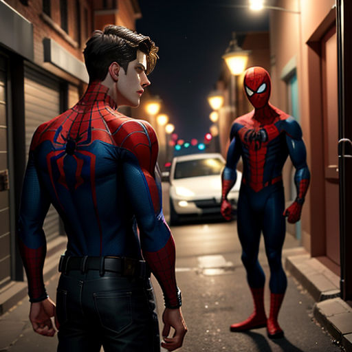 two men in spider - man suits are standing on a street at night, one of them is looking at the other