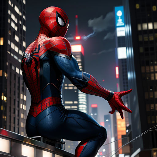 a spider man is sitting on a ledge in a city at night with a cityscape in the background