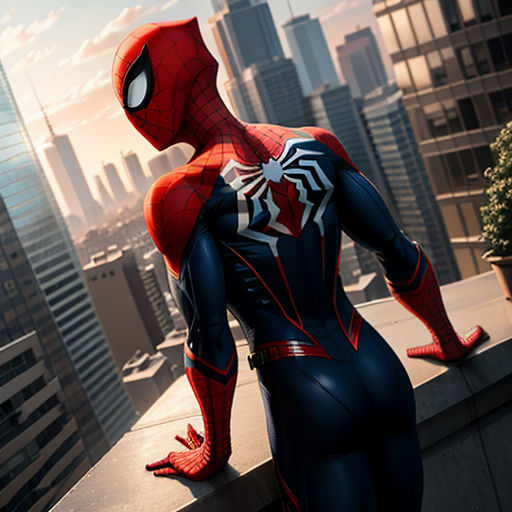 a spider man standing on a ledge in a city with tall buildings in the background, looking down at the ground