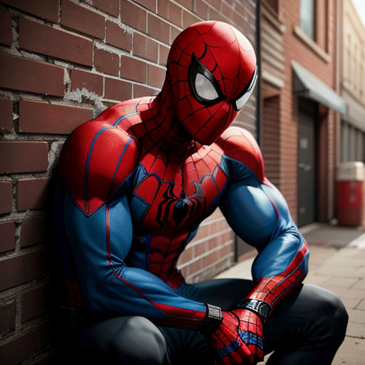 a man in a spider suit sitting on a sidewalk next to a brick wall and a building with a sign that says, spider man