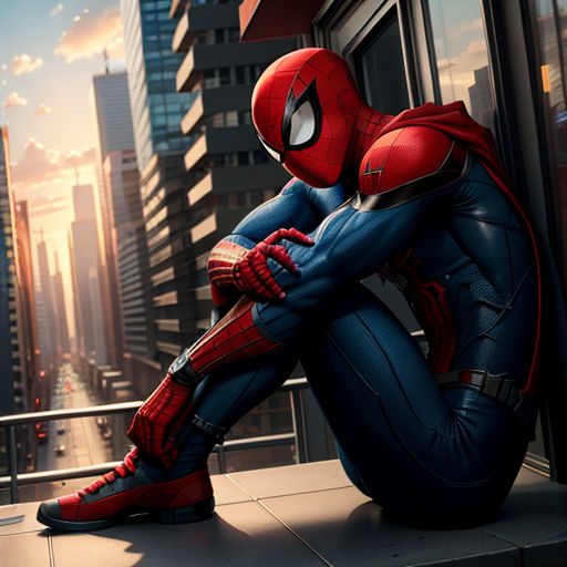 a spider man sitting on a ledge in front of a cityscape with skyscrapers and buildings in the background