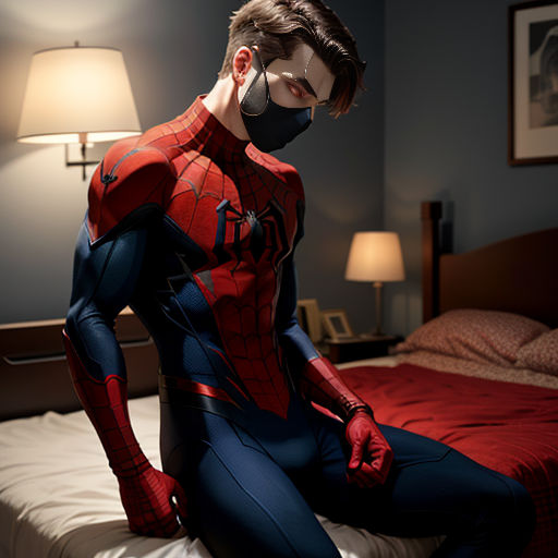 a man in a spider man suit sitting on a bed in a bedroom with a lamp on the side