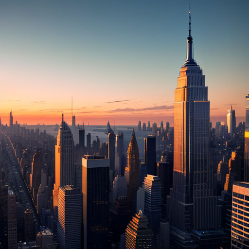 a city skyline with a sunset in the background and a few clouds in the sky above it and a body of water in the foreground