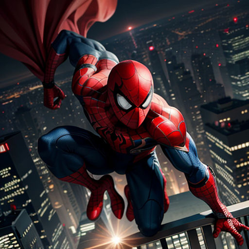 a spider man is on a ledge in a city at night with a cityscape in the background