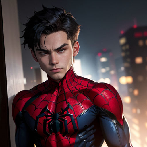 a man in a spider suit standing in front of a window at night with a city skyline in the background