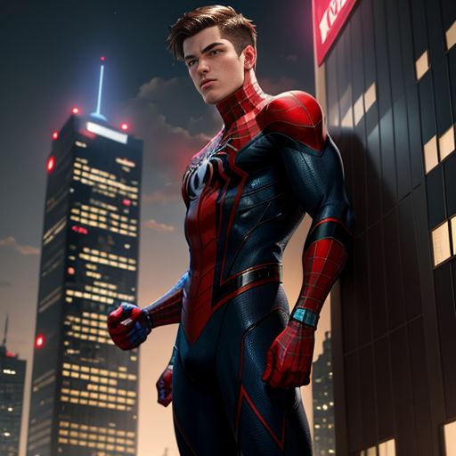 a man in a spider suit standing in front of a tall building at night with a city skyline in the background