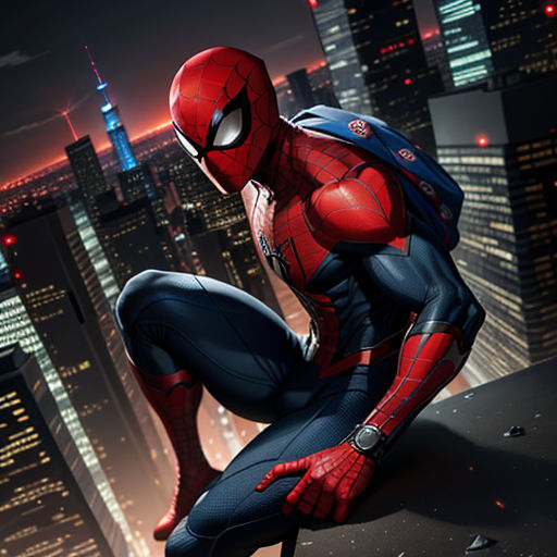 a spider man sitting on a roof in a city at night with a cityscape in the background