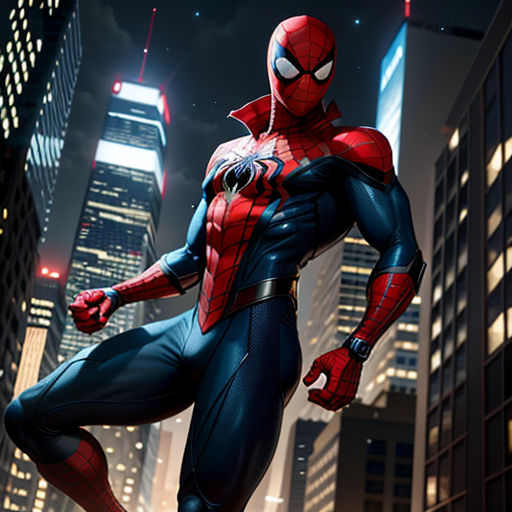 a spider man standing in the middle of a city at night with skyscrapers in the background and a cityscape in the foreground