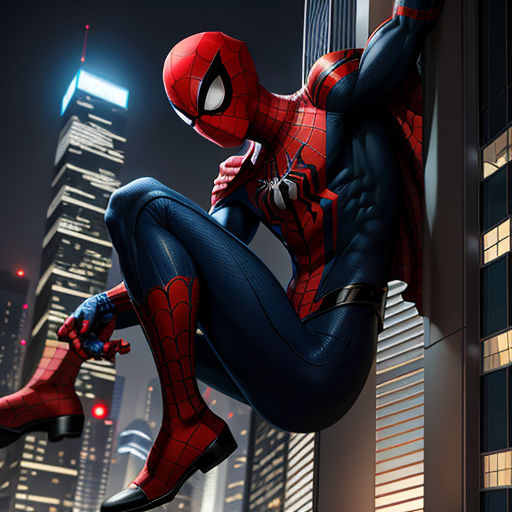 a spider man hanging from a building in a city at night with skyscrapers in the background and a cityscape in the foreground