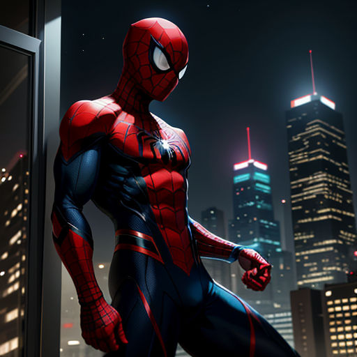 a spider man standing in front of a window at night with a city skyline in the background and a skyscraper lit up