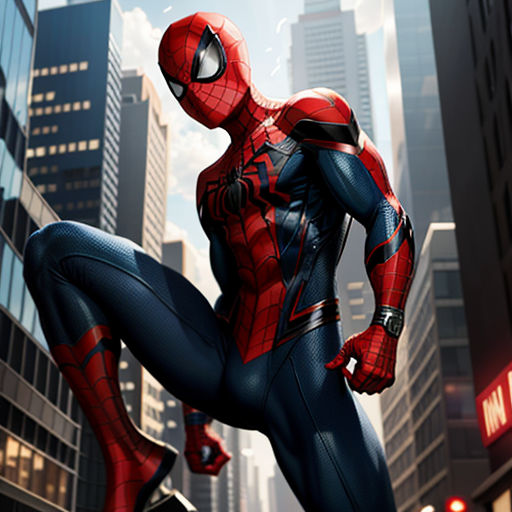 a spider man in a city with skyscrapers in the background and a red light at the end of the street