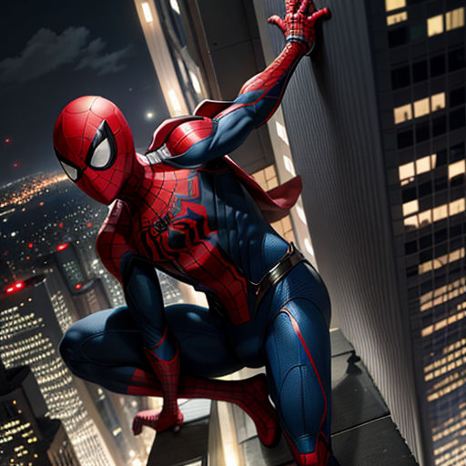 a spider man is standing on a ledge in a city at night with his arms outstretched and his hands out