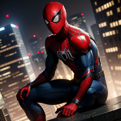 a spider man sitting on a ledge in a city at night with a cityscape in the background