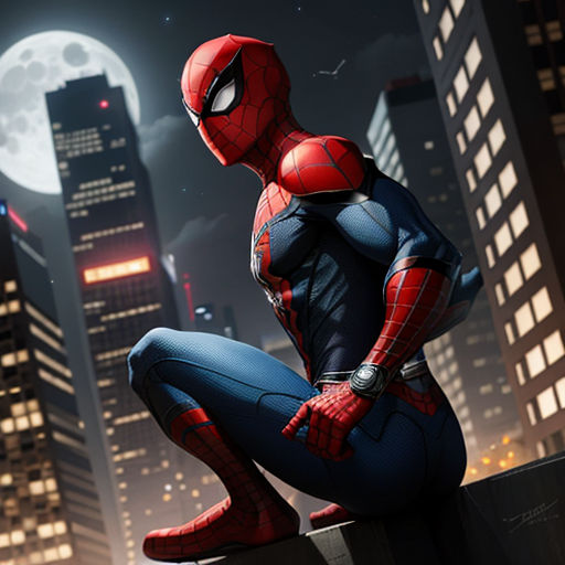 a spider man sitting on a ledge in front of a city at night with a full moon in the background