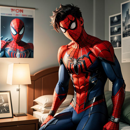 a man in a spider man costume sitting on a bed in a bedroom with a lamp and pictures on the wall