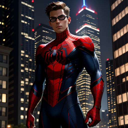a man in a spider man suit standing in front of a city at night with skyscrapers in the background
