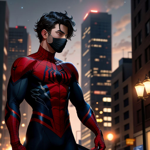a man in a spider suit standing in the middle of a city at night with a mask on his face