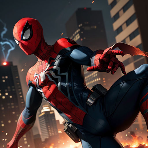 a spider man in a suit is in a city at night with a lightning bolt in the background and a cityscape in the foreground