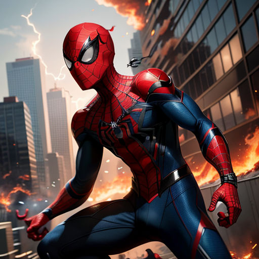 a spider man in a suit running through a city street with a lightning in the background and a city skyline