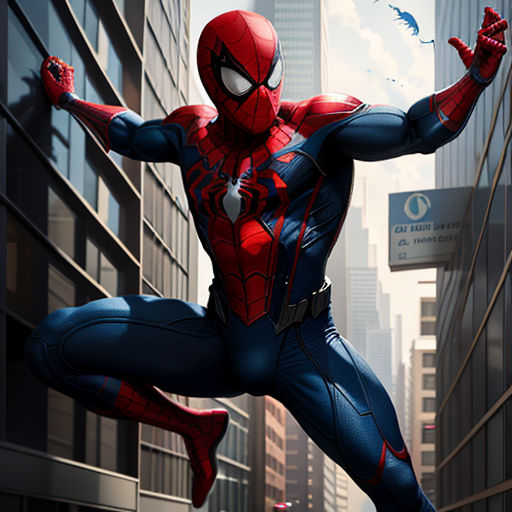 a spider man is in the middle of a city street with a bird flying overhead in the air above him