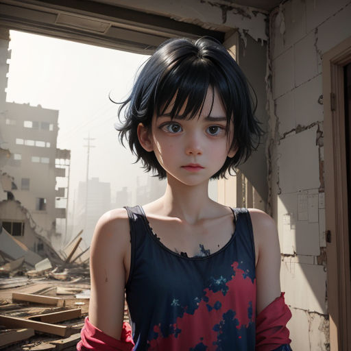 a girl with black hair and a red and blue shirt standing in a destroyed building with a broken window