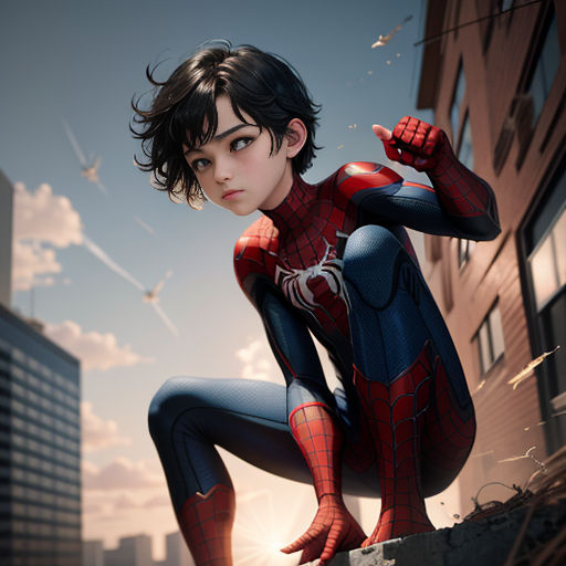 a woman in a spider suit is posing on a ledge in a city setting with a kite in the sky
